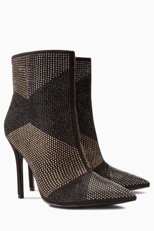 Black/Gold Deco Heatseal Point Ankle Boots